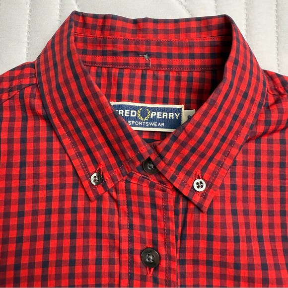 Fred Perry Red Gingham Plaid Short Sleeve Collar Mini Reissue Shirt Dress UK 8 - Picture 9 of 14